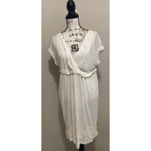 Nurture White/Cream Short Sleeve V-Neck Dress W/Waist Tie & Embroidered Hemline - Picture 2 of 6